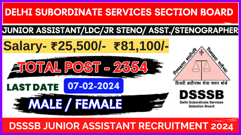 DSSSB RECRUITMENT 2024 FOR JUNIOR ASSISTANT OF 2354 VACANCIES