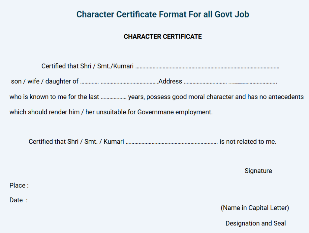 character certificate format for odisha govt job
