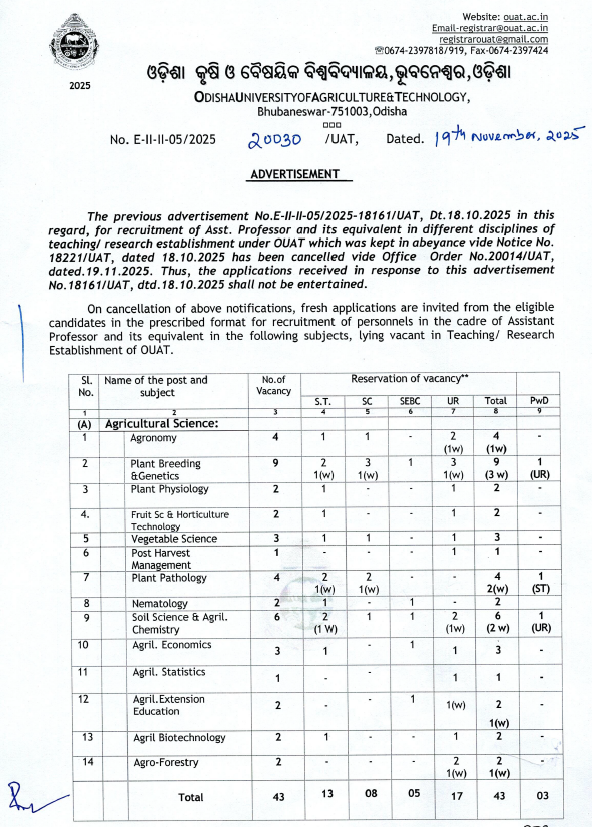 OUAT Assistant Professor Recruitment