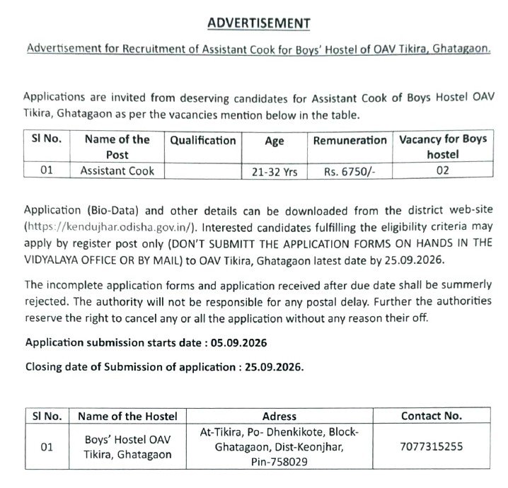 OAV Tikira Kendujhar Assistant Cook Recruitment