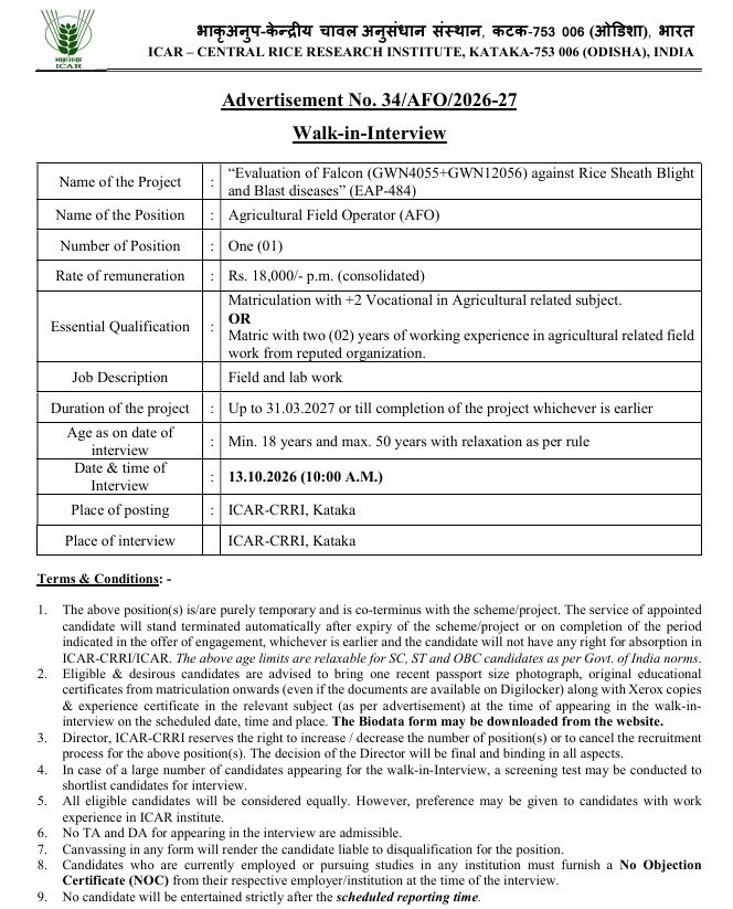 ICAR CRRI Agricultural Field Operator Recruitment